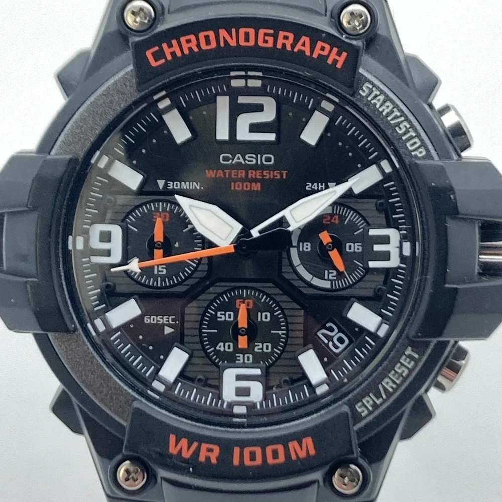 Casio Men's Chronograph Watch 5434 MCW-100H 50mm Black Orange 100M New Battery